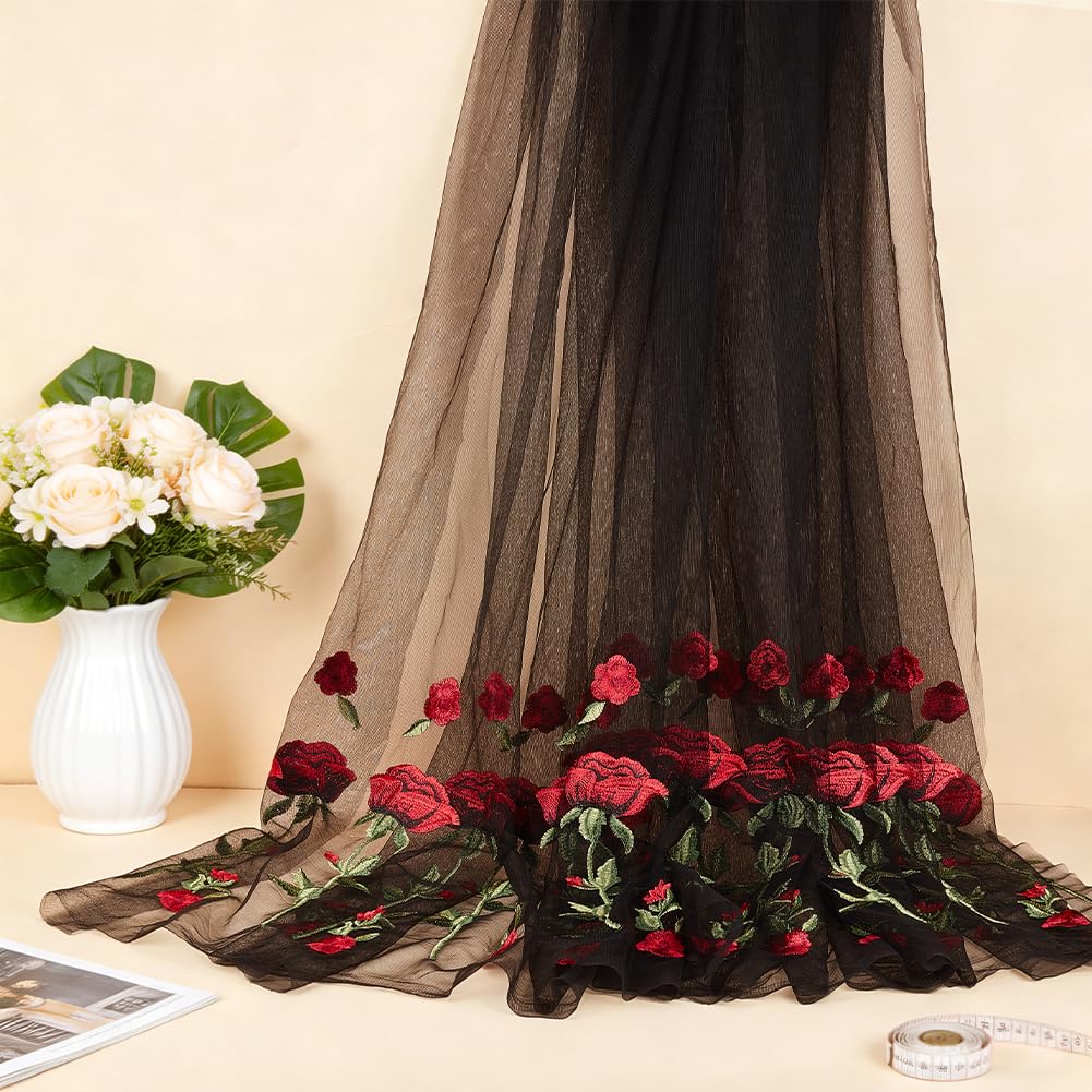 BENECREAT dentelle maille tissu brode 2,7m fleurs noires
