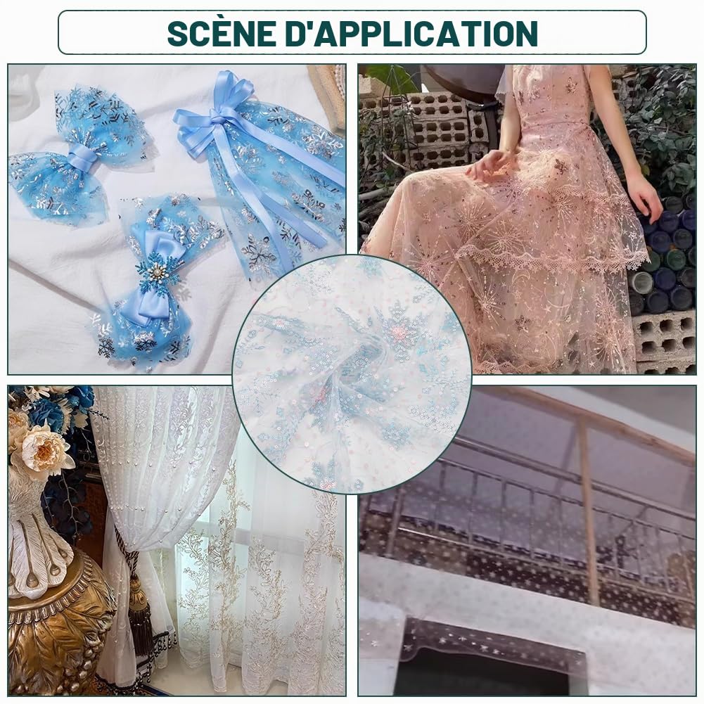 BENECREAT Tulle Flocon Neige Tissu Bleu Clair 90x156cm Paillettes