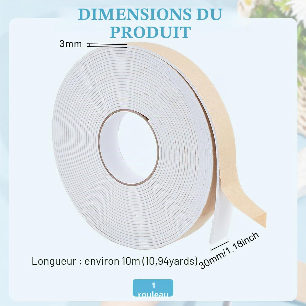 BENECREAT Bande mousse adhésive blanche 30mmx3mm 10m étanche
