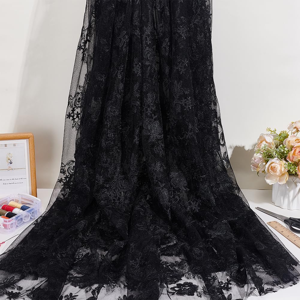 BENECREAT Tissu Dentelle Brodé Floral Noir 2m Polyester 130cm