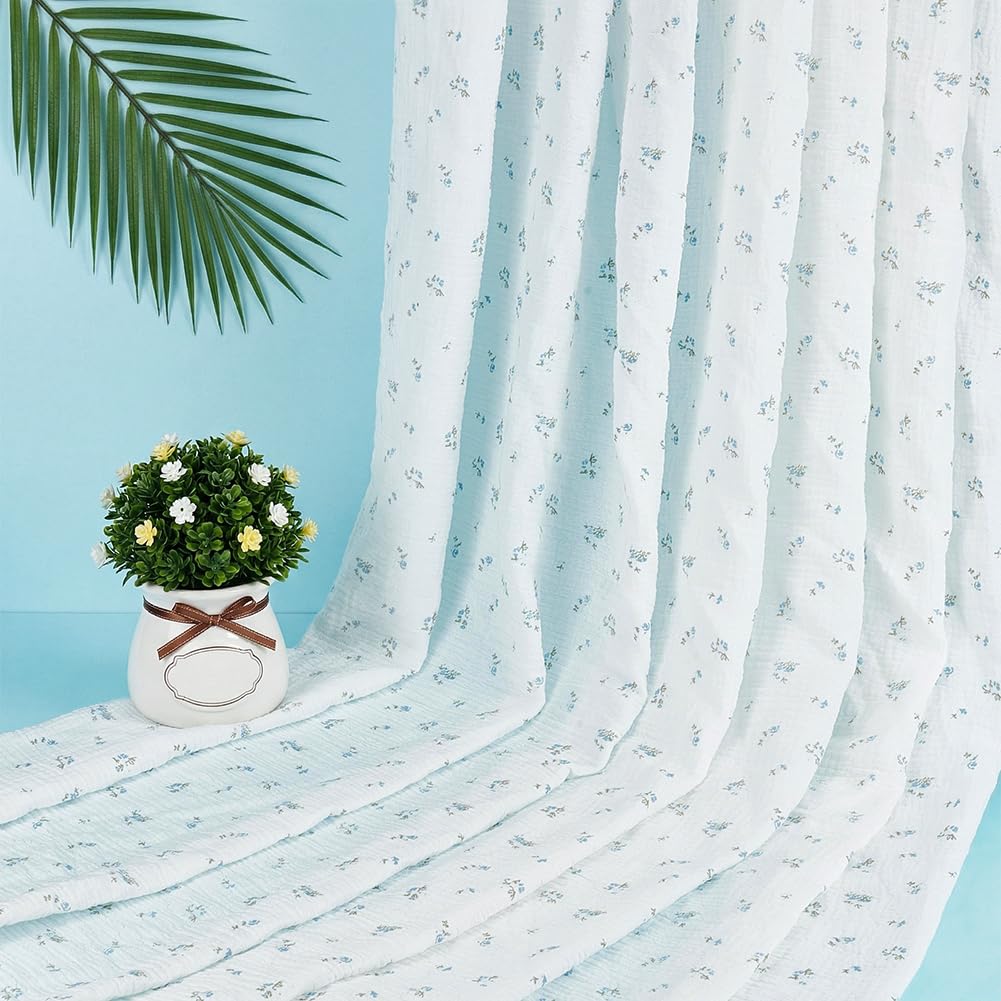 BENECREAT tissu coton double gaze fleuri bleu 1,5 m