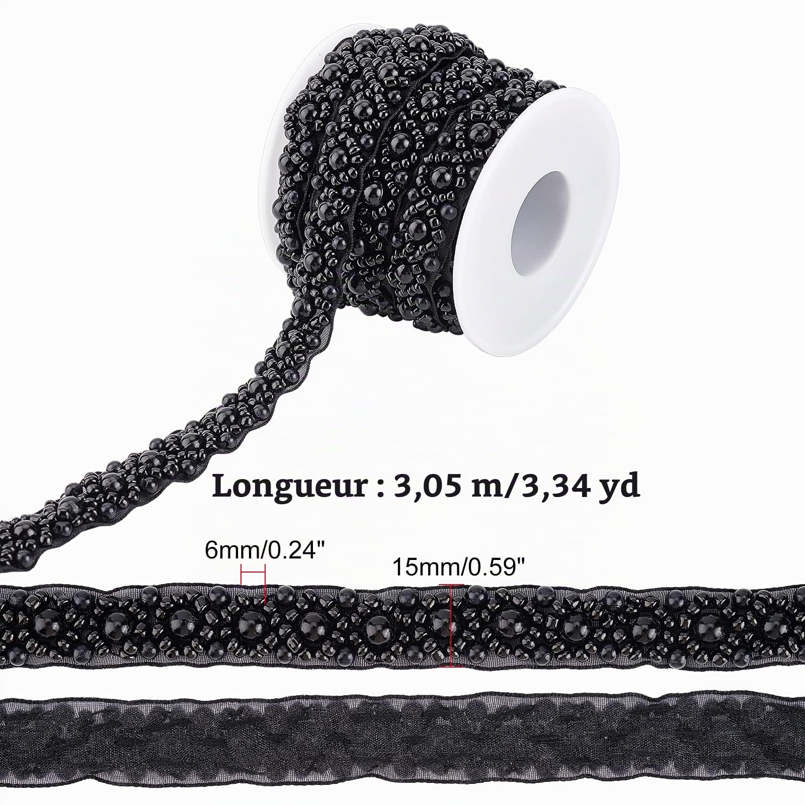 BENECREAT Ruban perlé noir strass 3m mariage