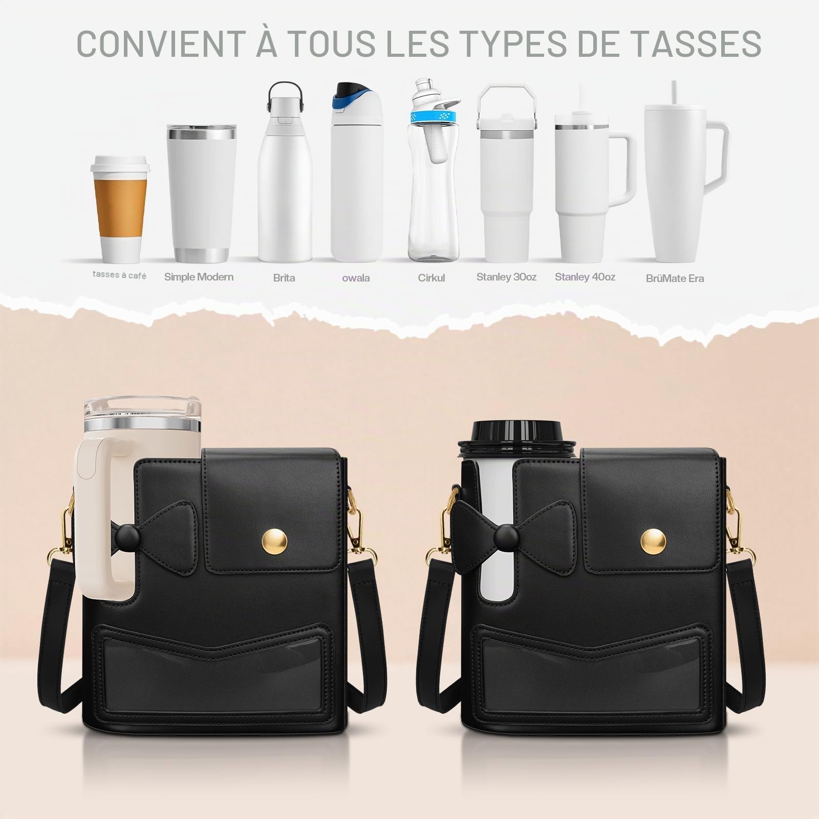 JYPS Stanley Cup 40oz sac porte-bouteille noir bandoulière