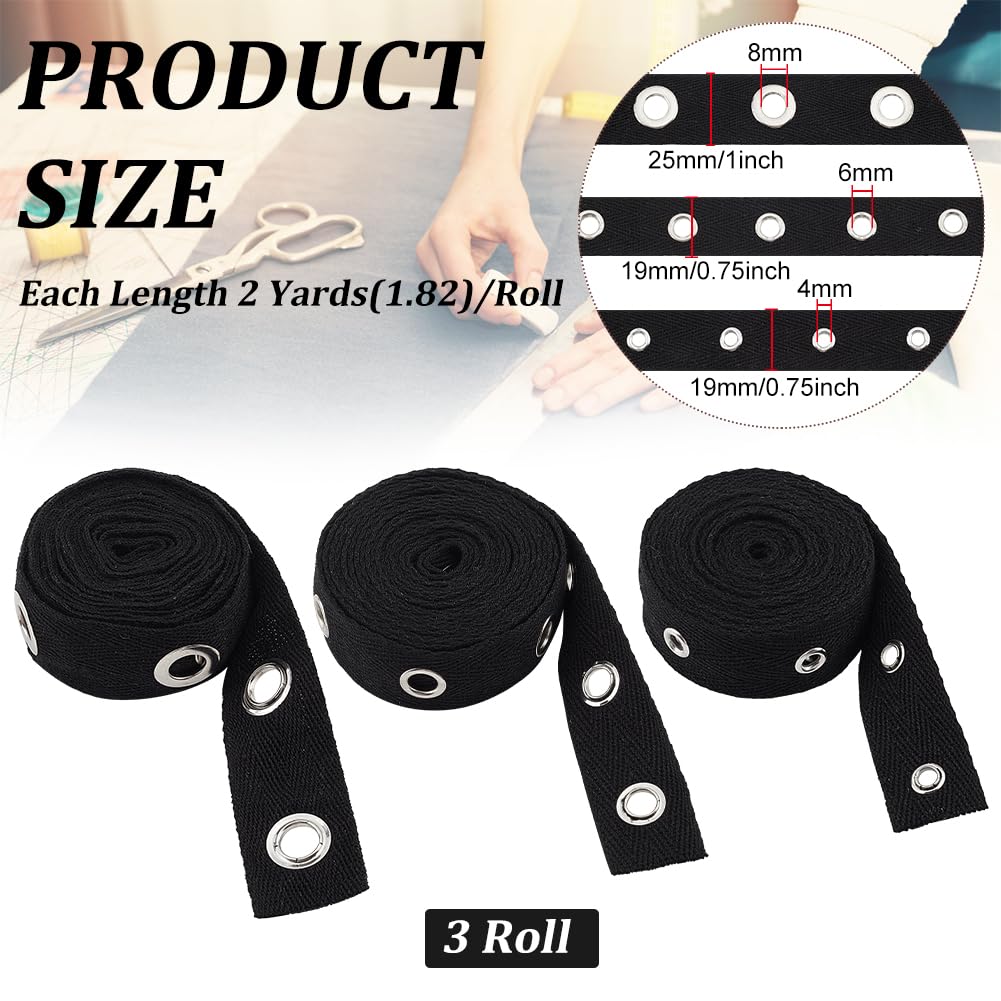 BENECREAT Ruban sergé à œillets noir 5,5m 3 rouleaux coton