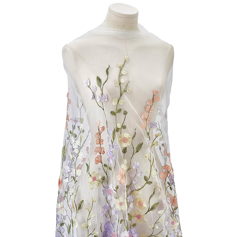 BENECREAT tissu dentelle fleurs 3D tulle mauve 1,66m