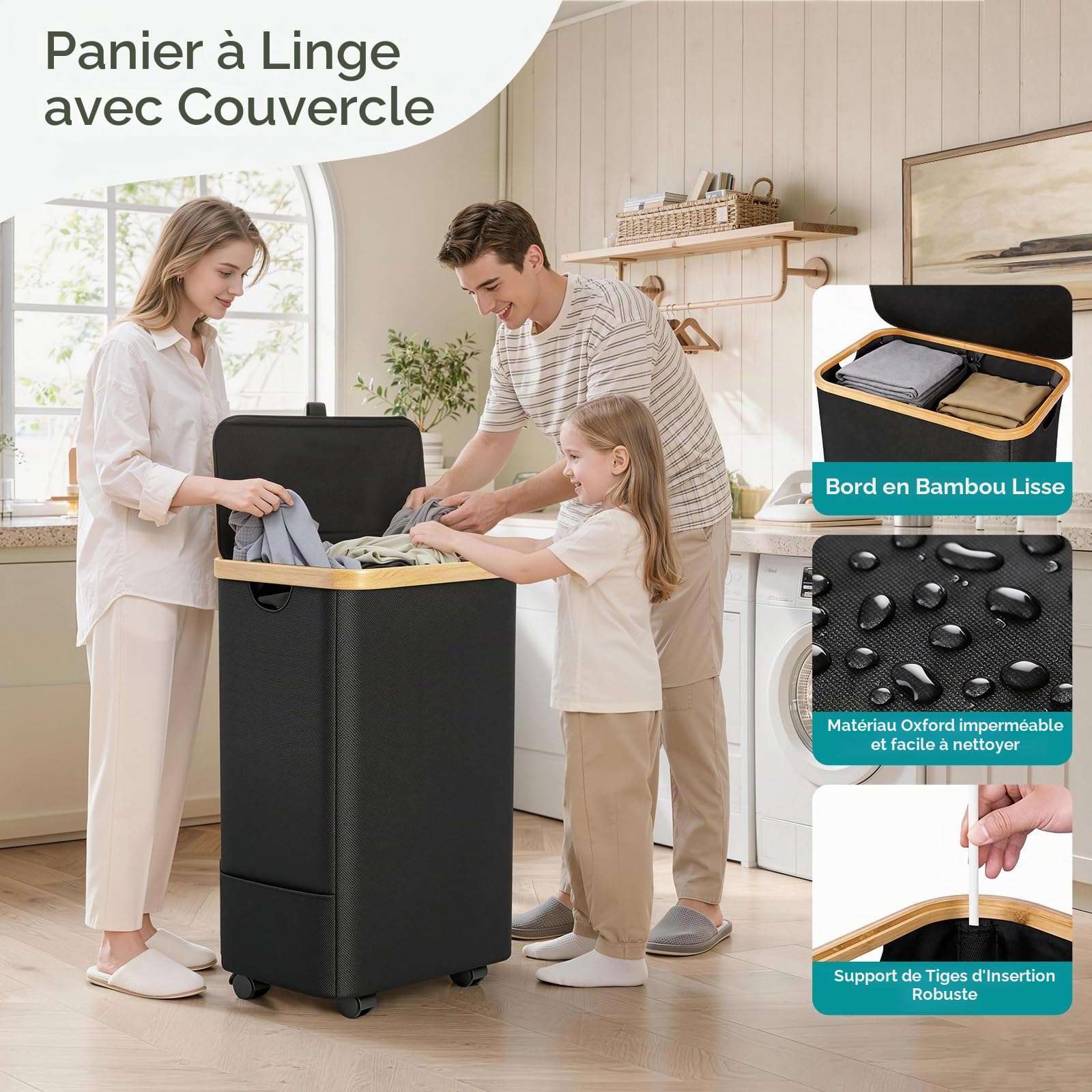 JYPS Panier à linge 110L 2 compartiments roulettes couvercle