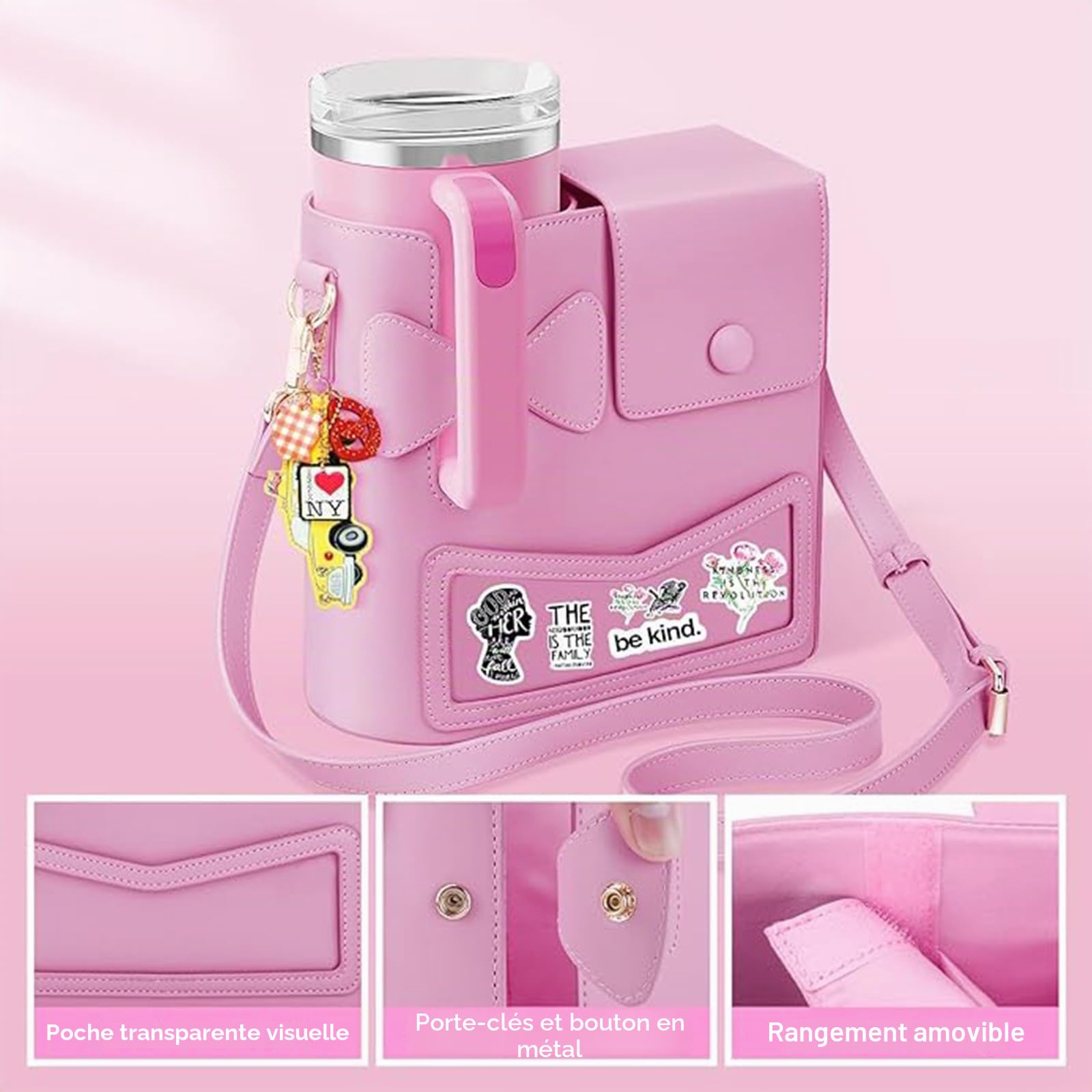 JYPS Stanley Cup 40oz sac porte-gourde rose bandoulière