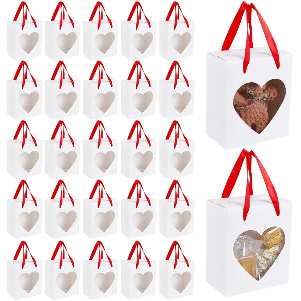 BENECREAT boîtes cadeau blanches cœur ruban 16,5cm lot 30