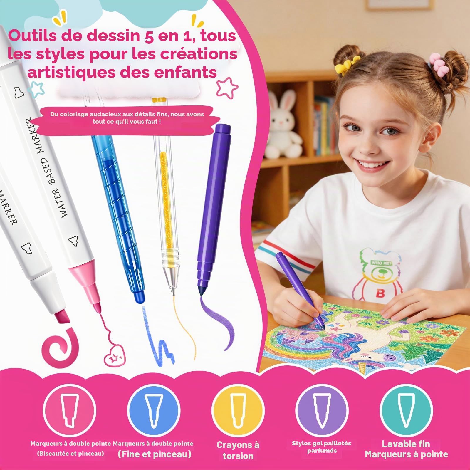 JYPS kit feutres licorne 70 pièces trousse paillettes