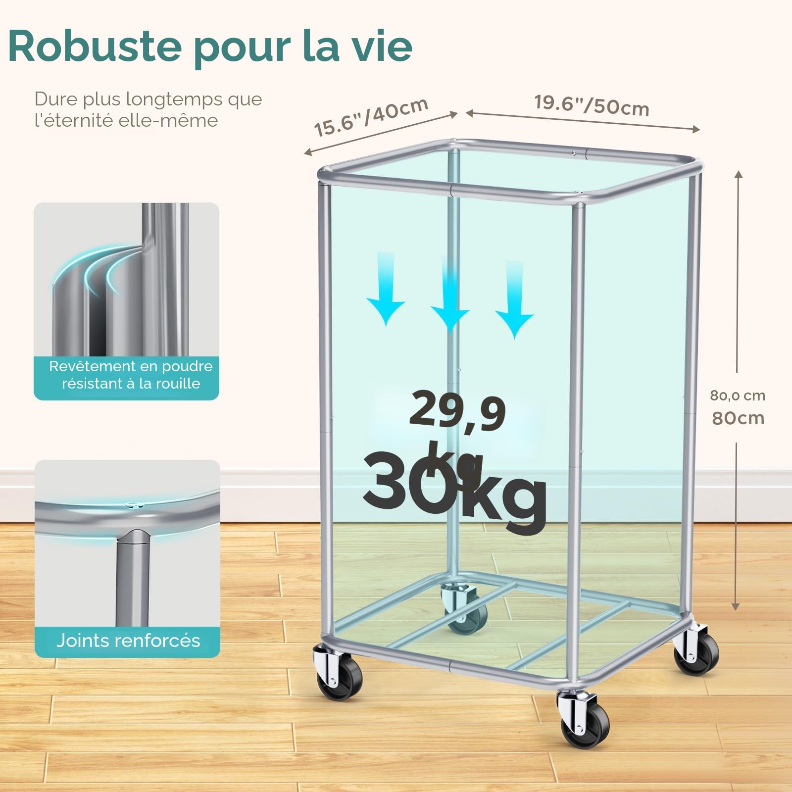 JYPS Panier À Linge Roulettes Gris 150L 50x40x80cm