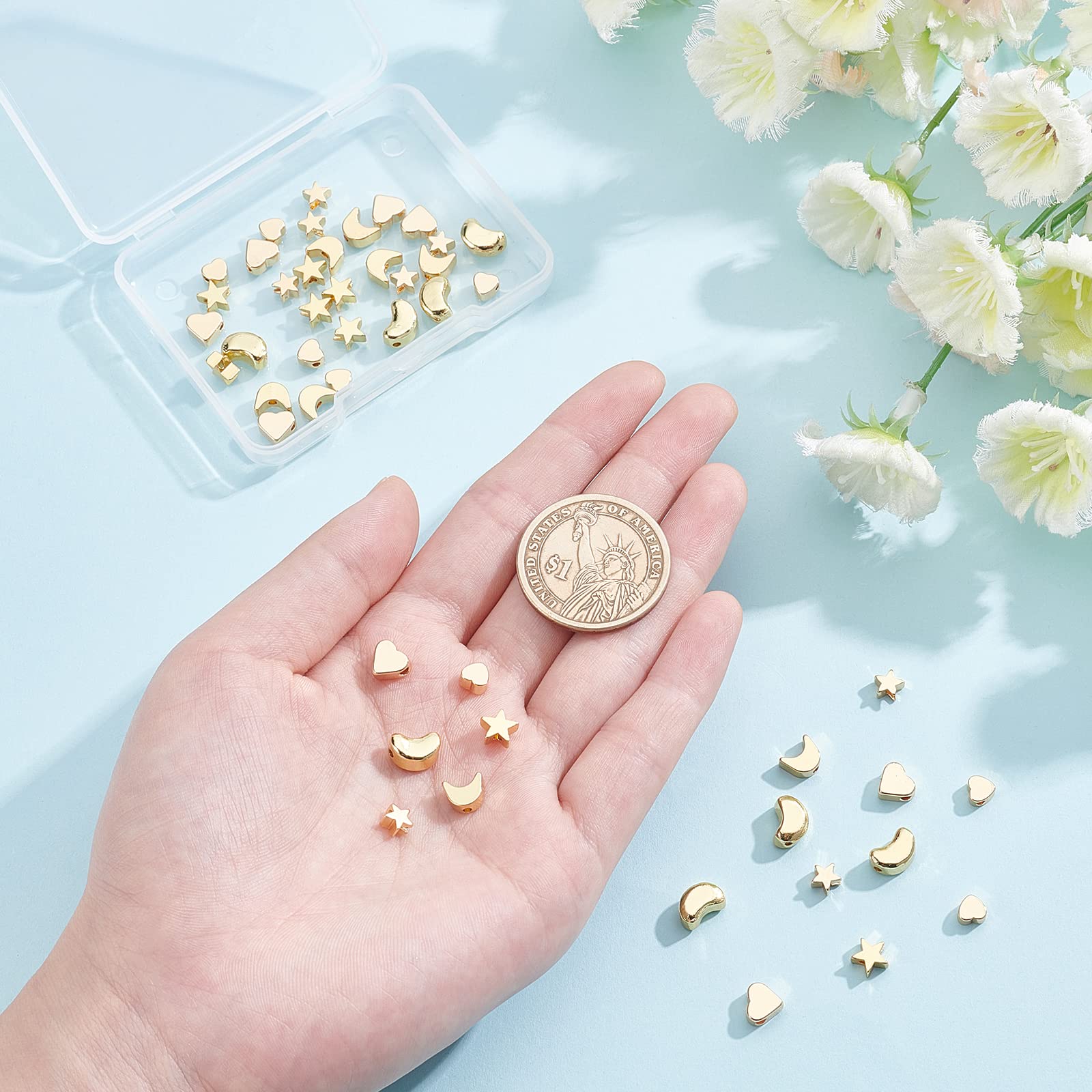BENECREAT Perles laiton 18K étoile lune cœur 48 pcs doré