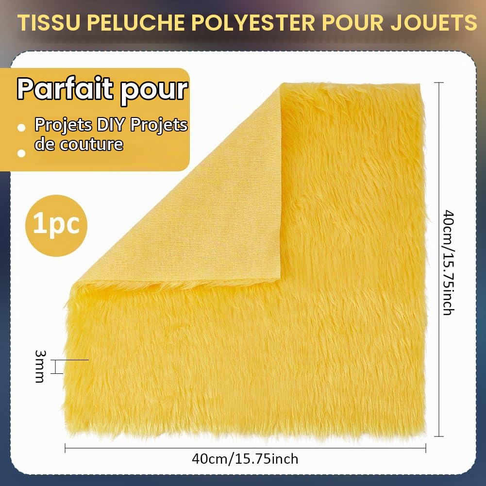 BENECREAT tissu fausse fourrure jaune 40x40cm poils 3cm