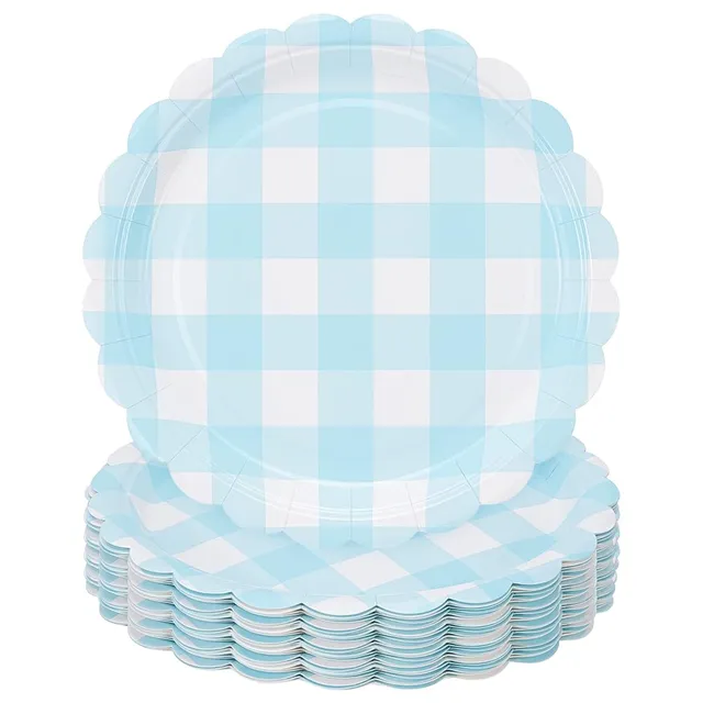 BENECREAT Assiettes Papier Festonnées Carreaux Bleu 100pcs 180mm