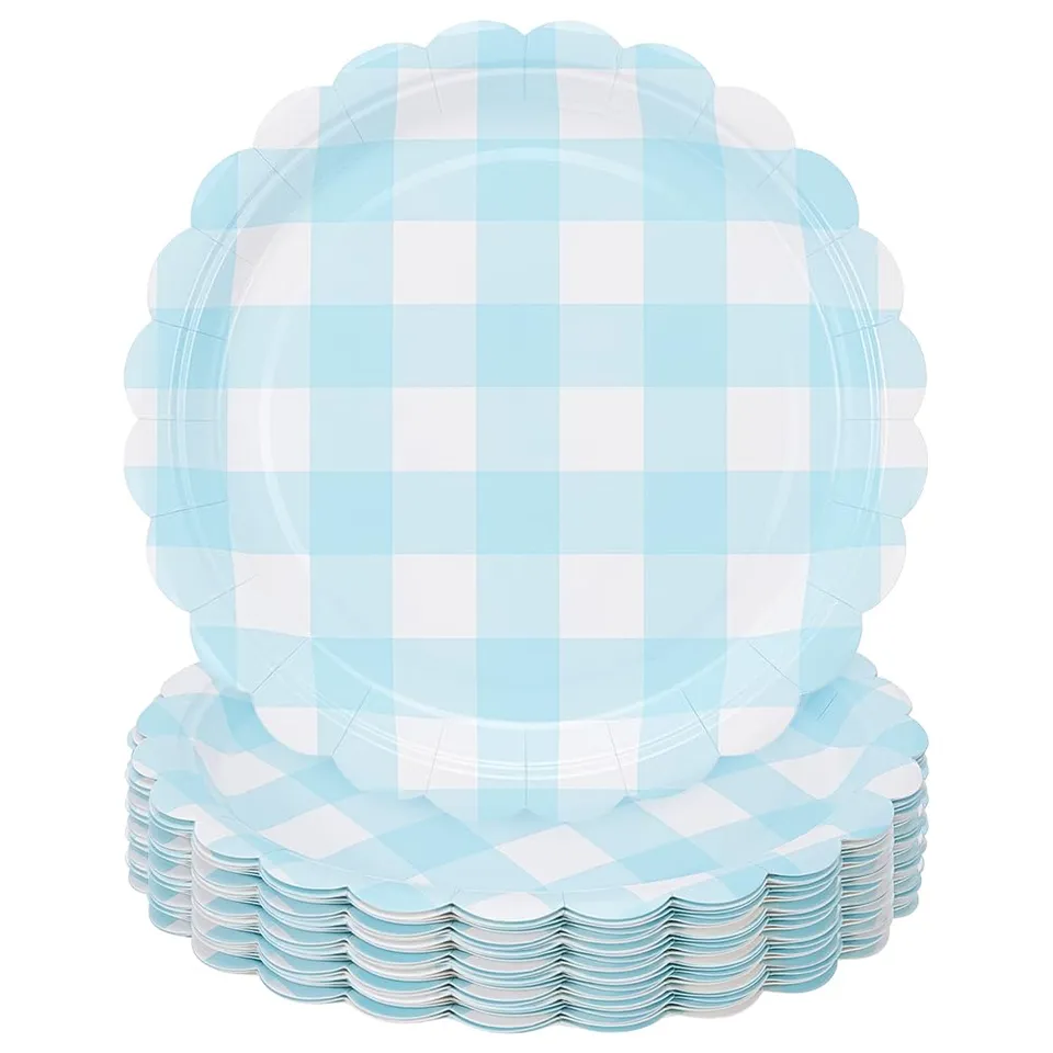 BENECREAT Assiettes Papier Festonnées Carreaux Bleu 100pcs 180mm