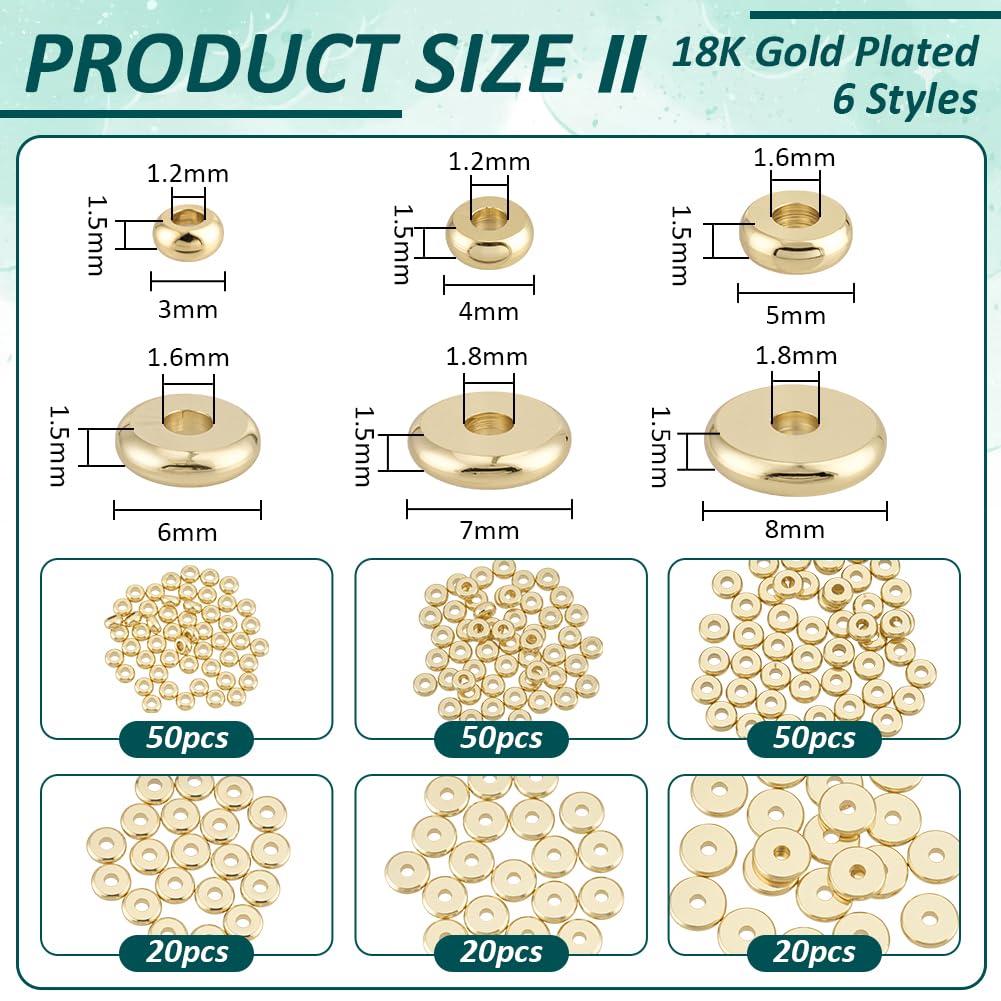 BENECREAT Perles intercalaires laiton or 18ct 210pcs 3-8mm