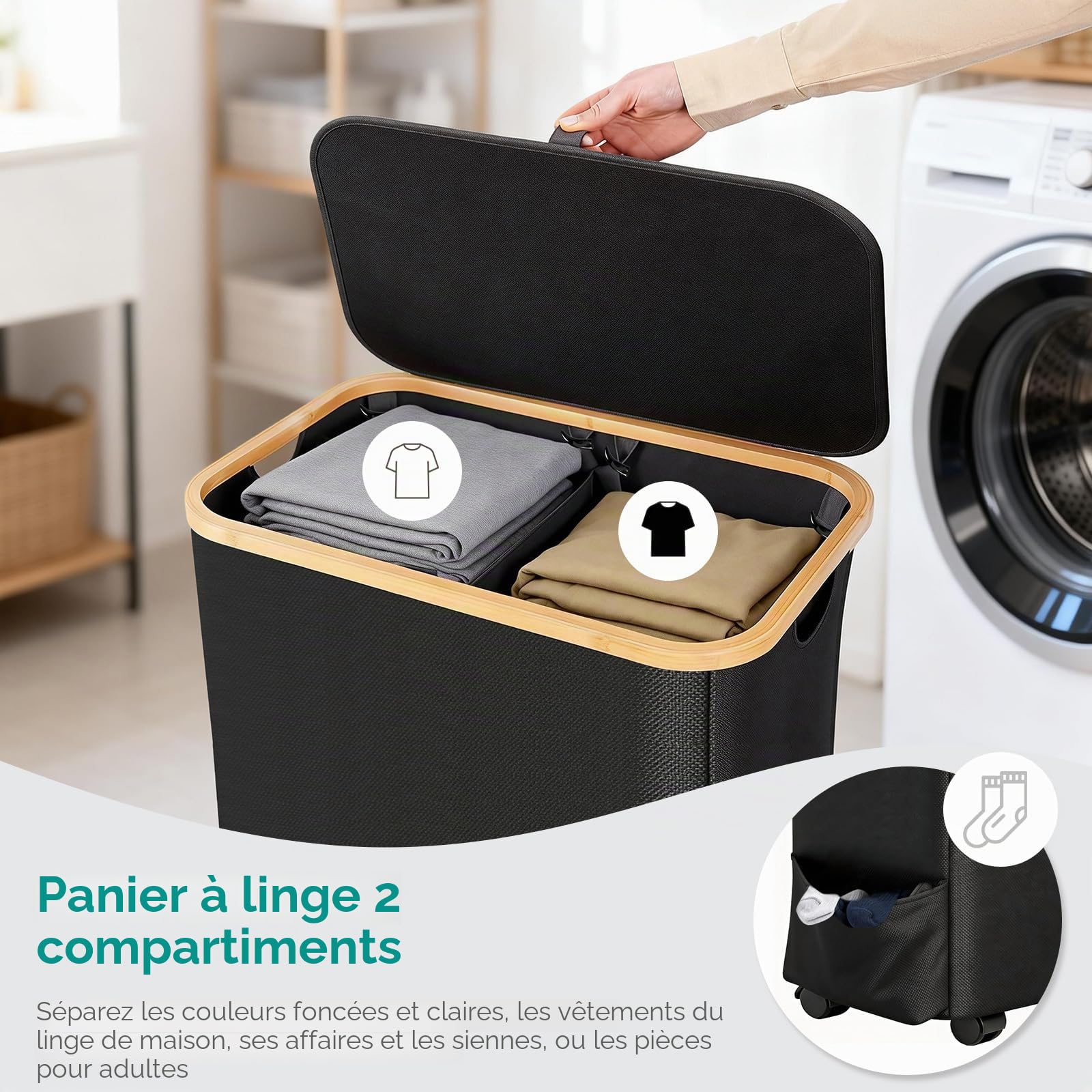 JYPS Panier à linge 110L 2 compartiments roulettes couvercle