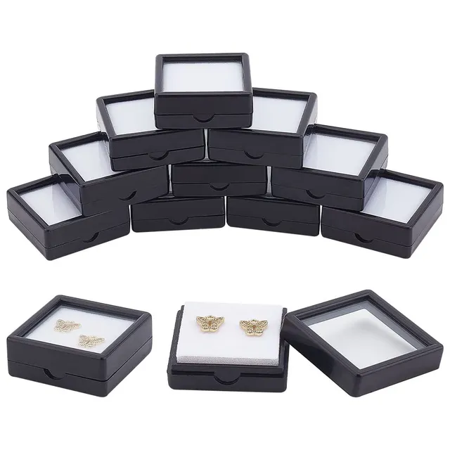 BENECREAT Boîte pierres précieuses noire 10 pcs couvercle transparent