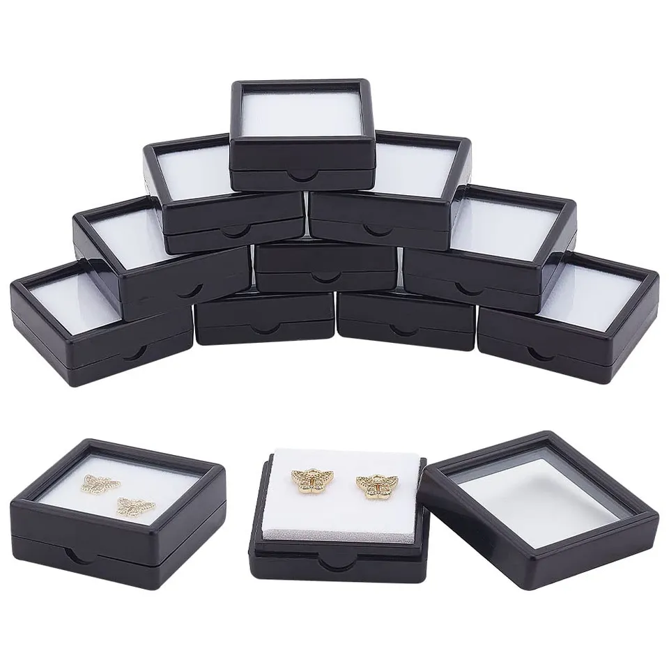BENECREAT Boîte pierres précieuses noire 10 pcs couvercle transparent