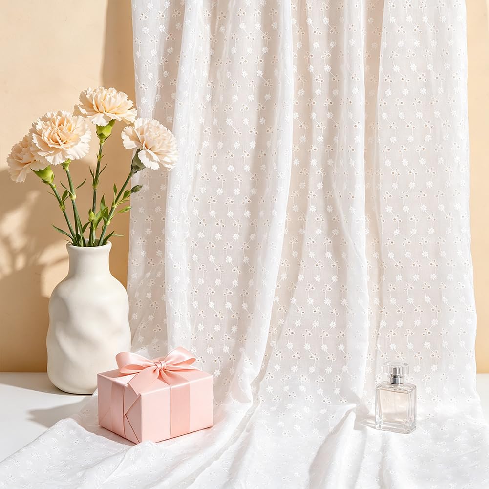 BENECREAT Tissu Dentelle Fleur Blanc Fleurs Pleines et Ajourées 130x91cm
