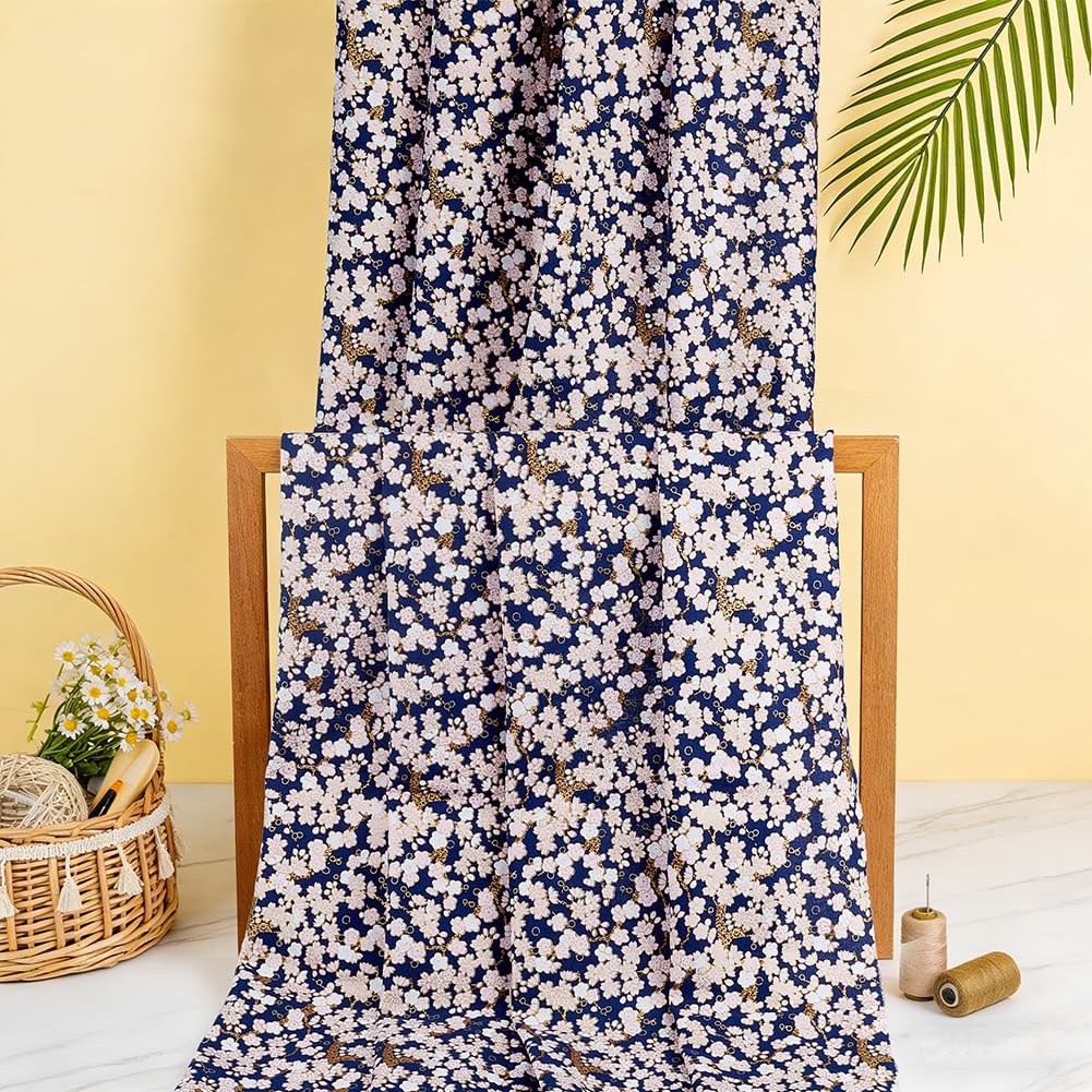BENECREAT Tissu Coton Japonais Sakura Bleu Minuit 100x149 cm