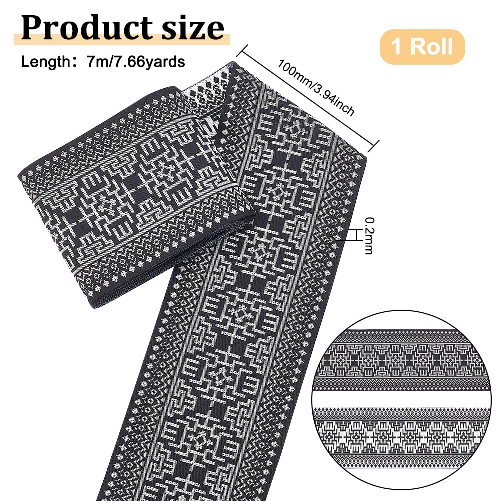 BENECREAT ruban jacquard noir motif floral 10 cm x 7 m couture