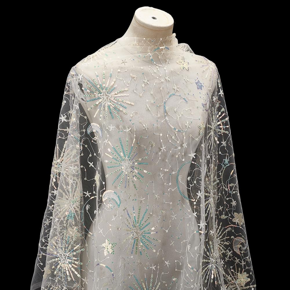 BENECREAT tissu tulle étoiles lune bleu 91 cm