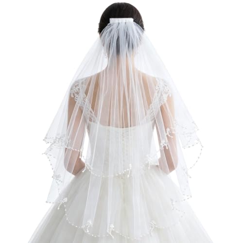 BENECREAT Voile Mariée Blanc Perles Peigne 60-80cm