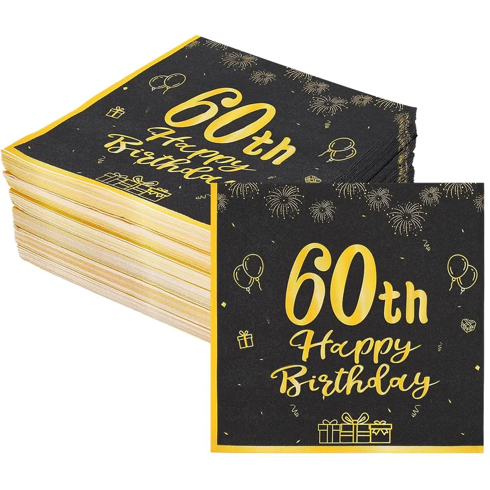 BENECREAT Serviettes 60e Anniversaire Noir Or 120pcs 33cm
