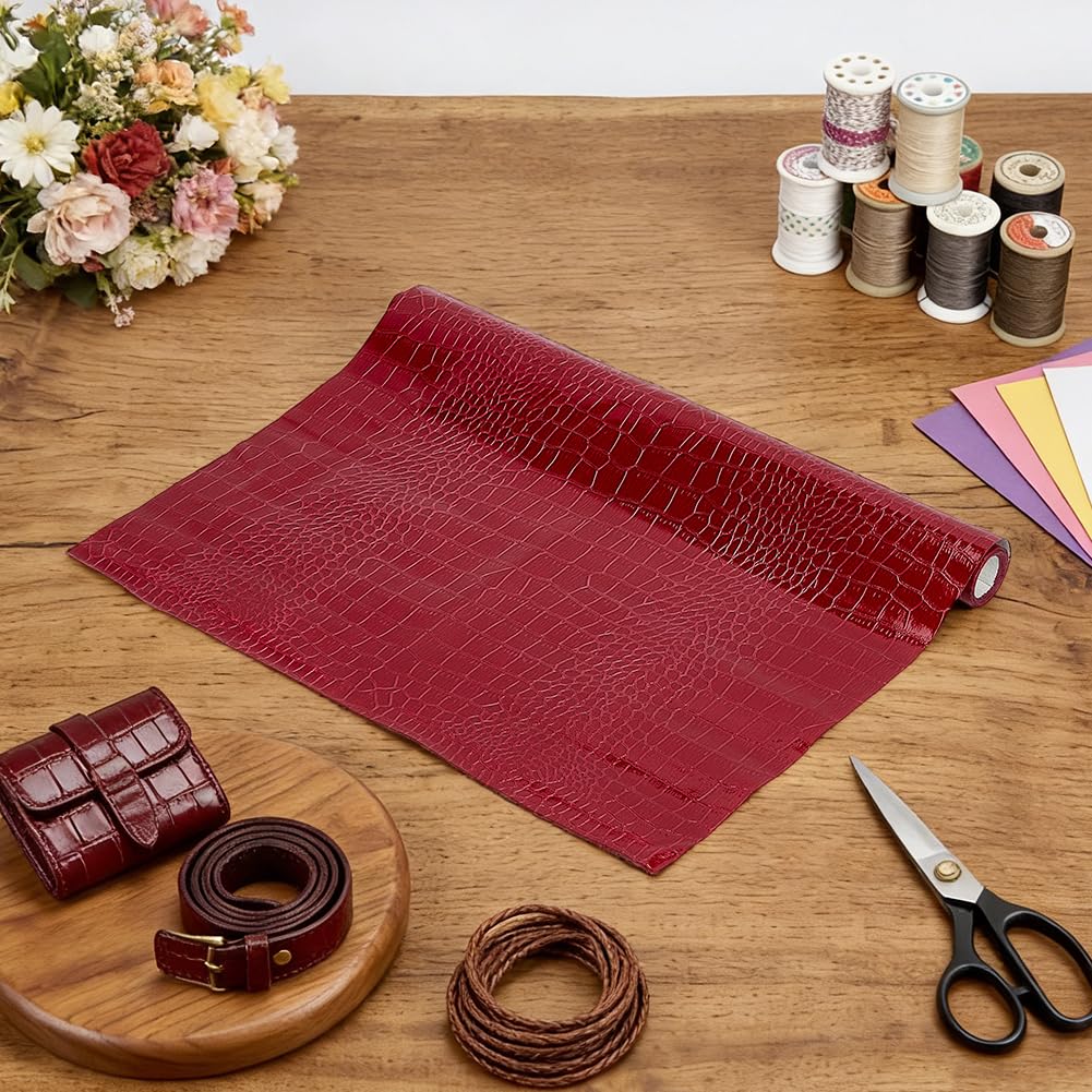 BENECREAT Tissu Faux Cuir Crocodile Rouge 2,7x1,37 m