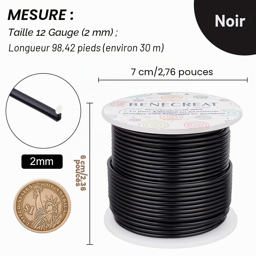BENECREAT Fil Aluminium Noir 2 mm 30 m Bijoux