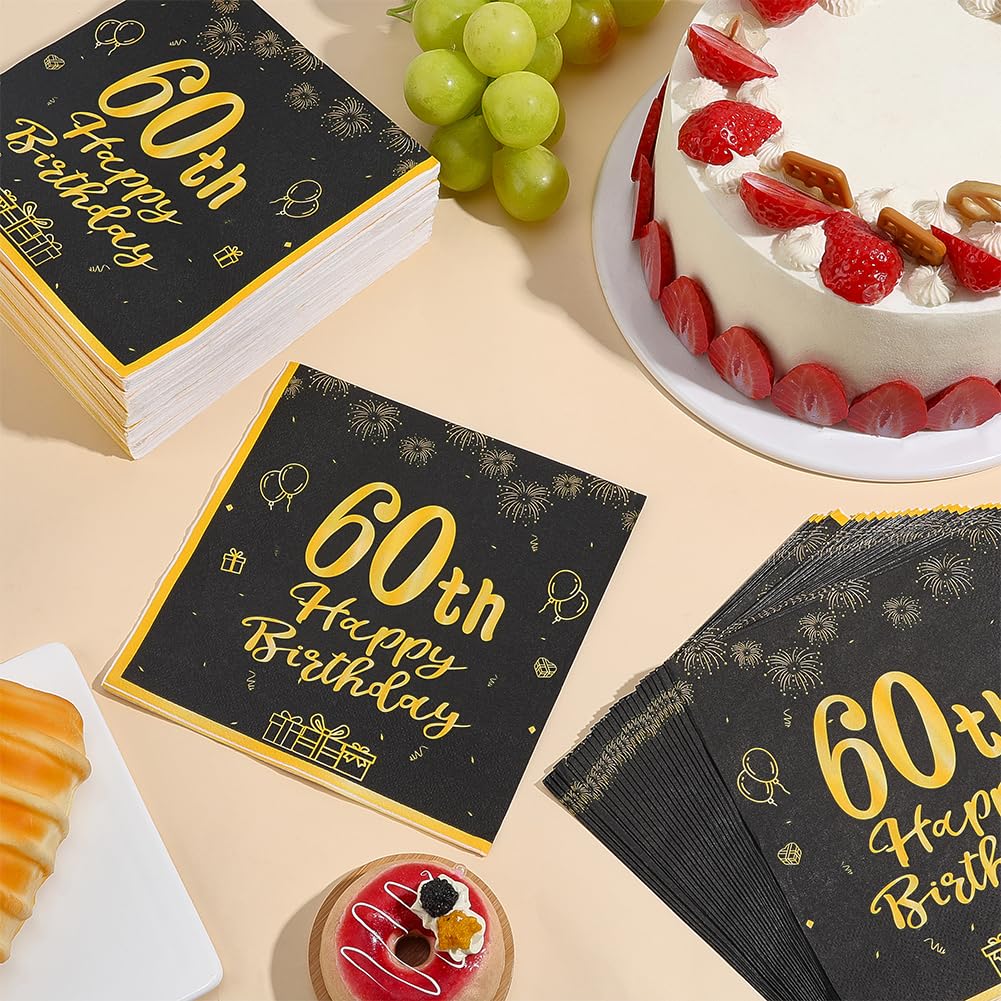 BENECREAT Serviettes 60e Anniversaire Noir Or 120pcs 33cm