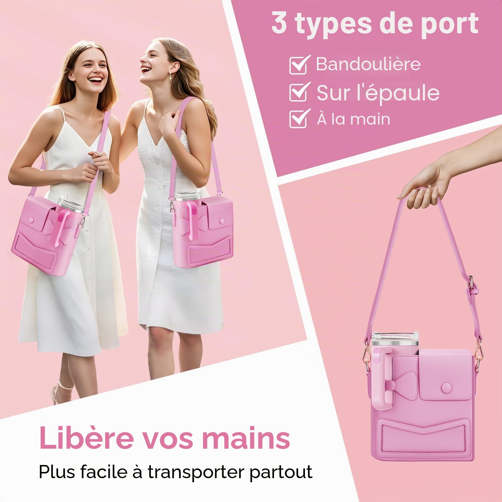 JYPS Stanley Cup 40oz sac porte-gourde rose bandoulière