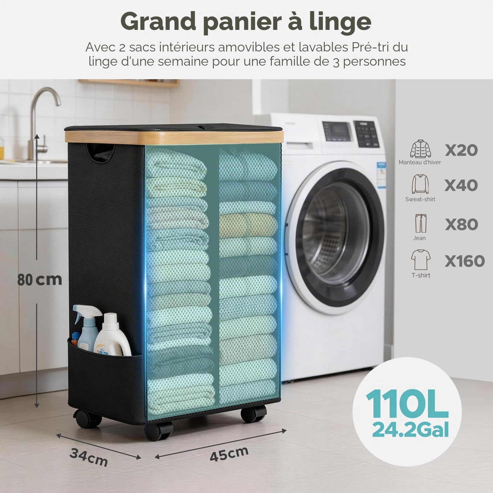 JYPS Panier à linge 110L 2 compartiments roulettes couvercle