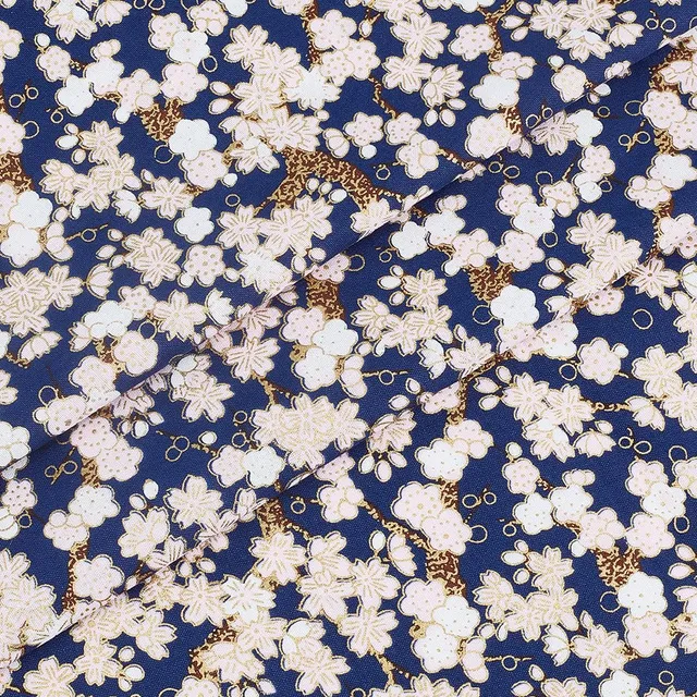 BENECREAT Tissu Coton Japonais Sakura Bleu Minuit 100x149 cm