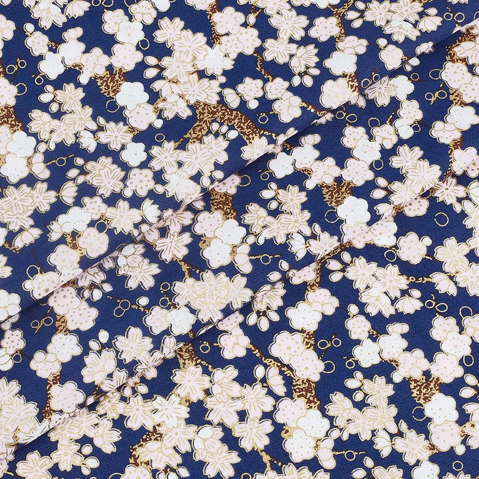 BENECREAT Tissu Coton Japonais Sakura Bleu Minuit 100x149 cm