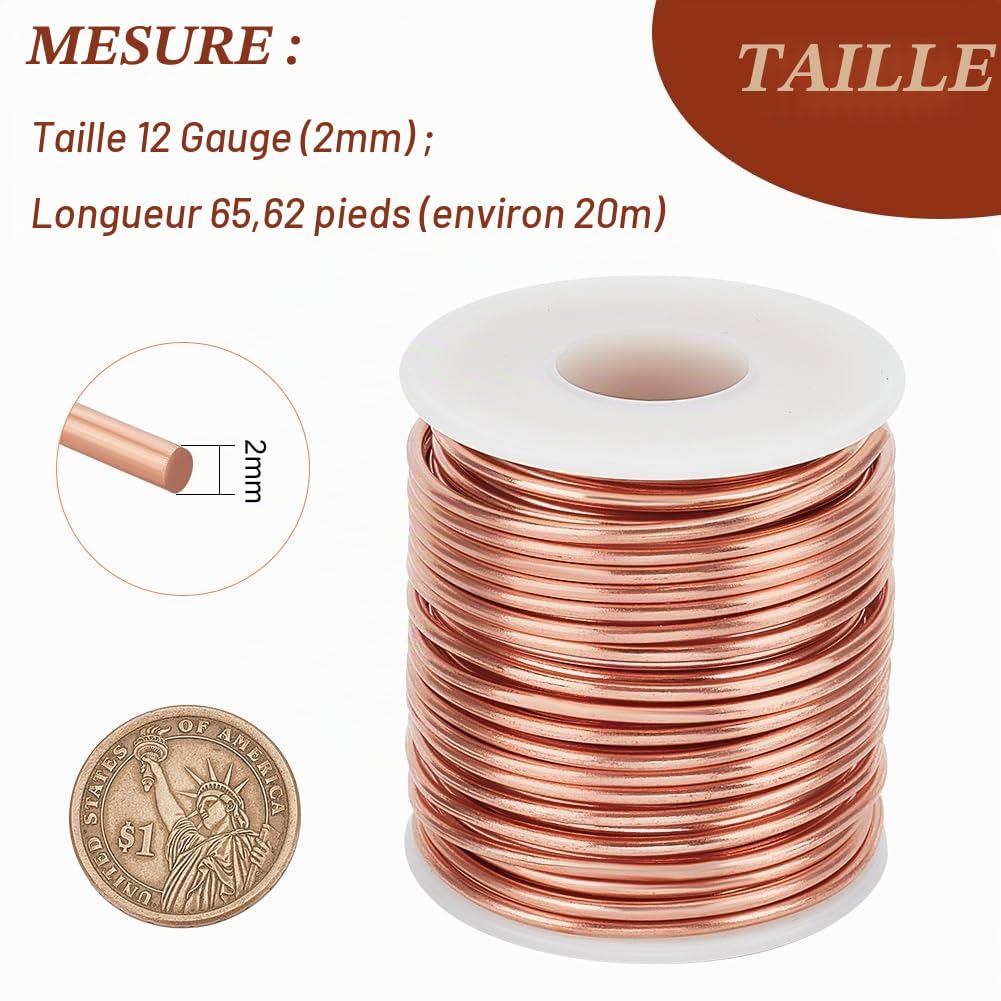 BENECREAT fil cuivre nu 12 gauge 2 mm 20 m souple