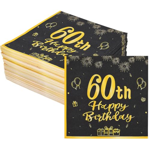 BENECREAT Serviettes 60e Anniversaire Noir Or 120pcs 33cm