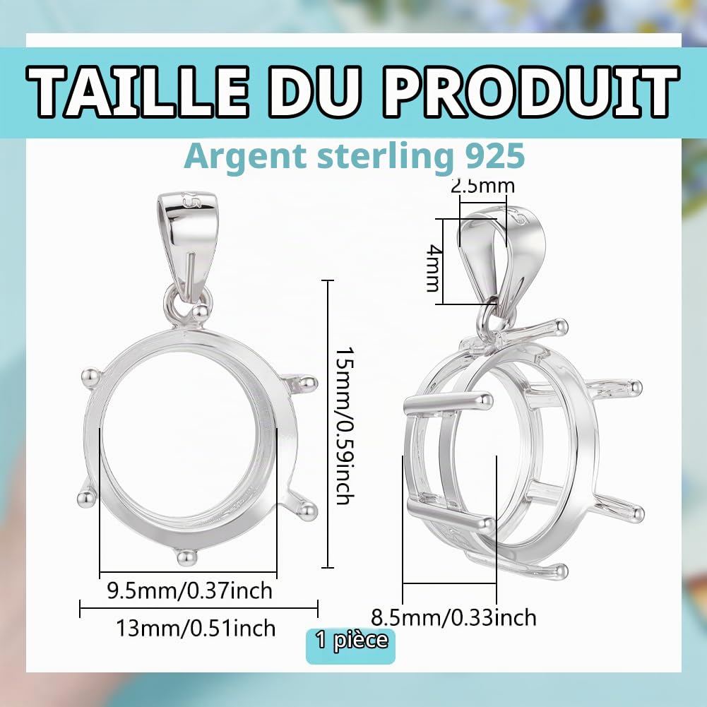 BENECREAT 925 pendentif rond 6 griffes argent cabochon