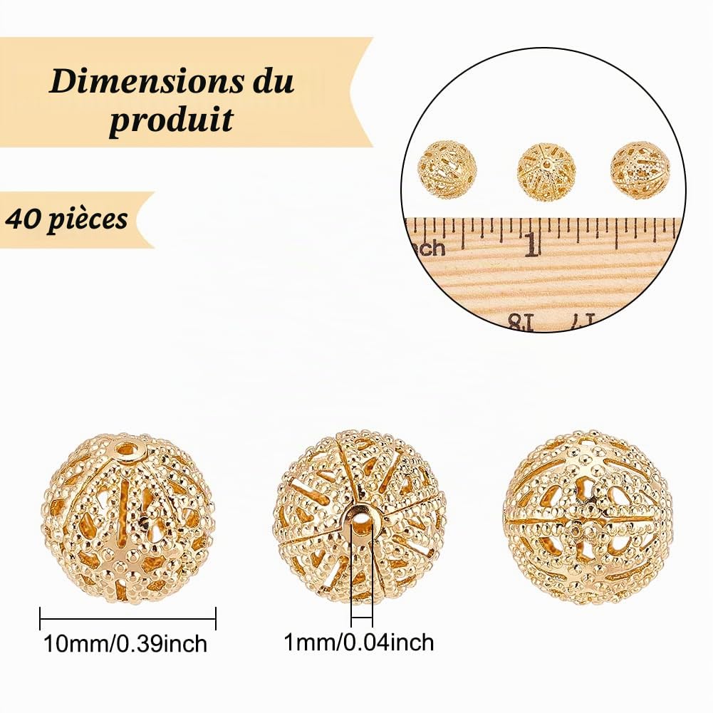 BENECREAT Perles filigrane plaqué or 10mm x40