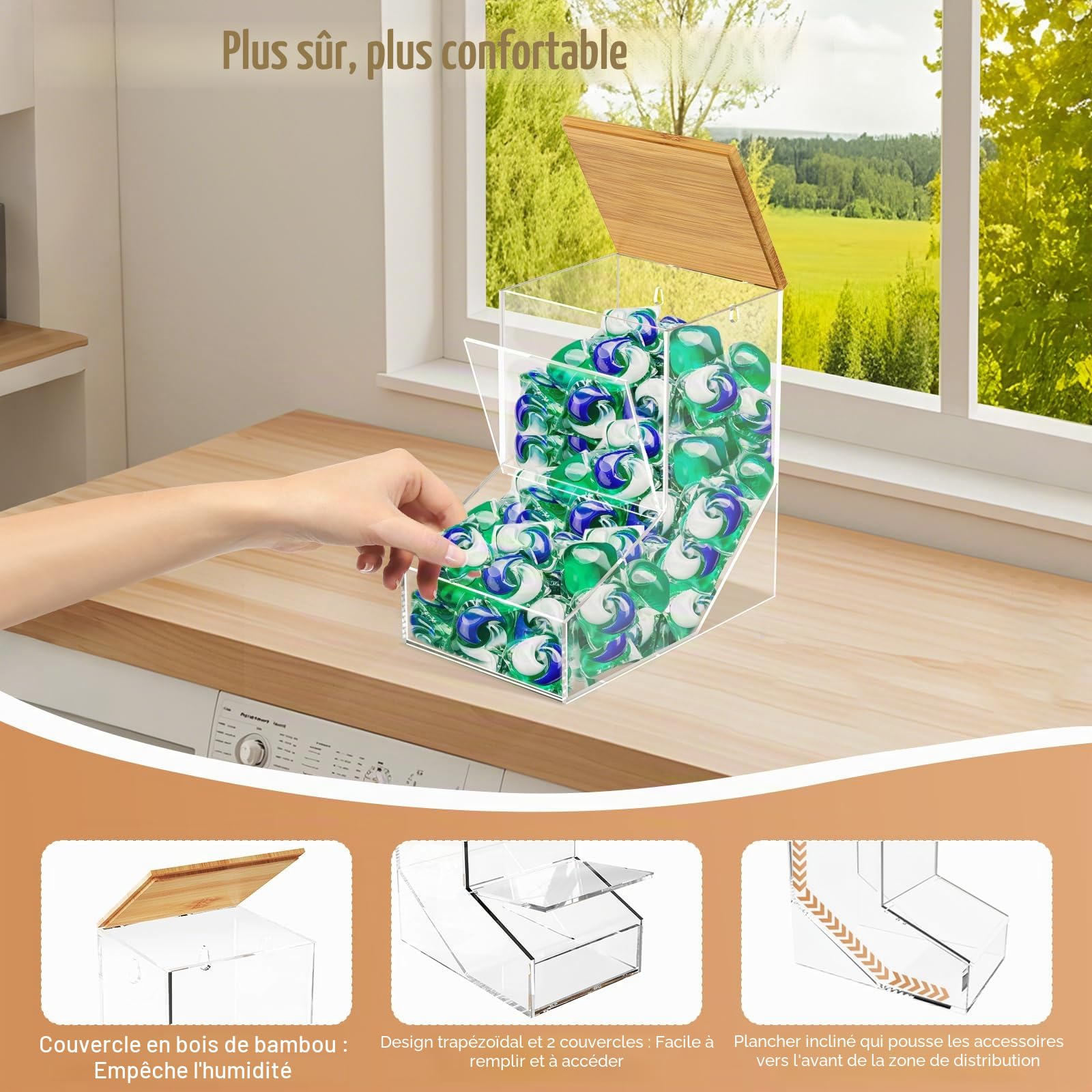 JYPS Boîte Lessive Acrylique Trapèze XL Transparente Couvercle