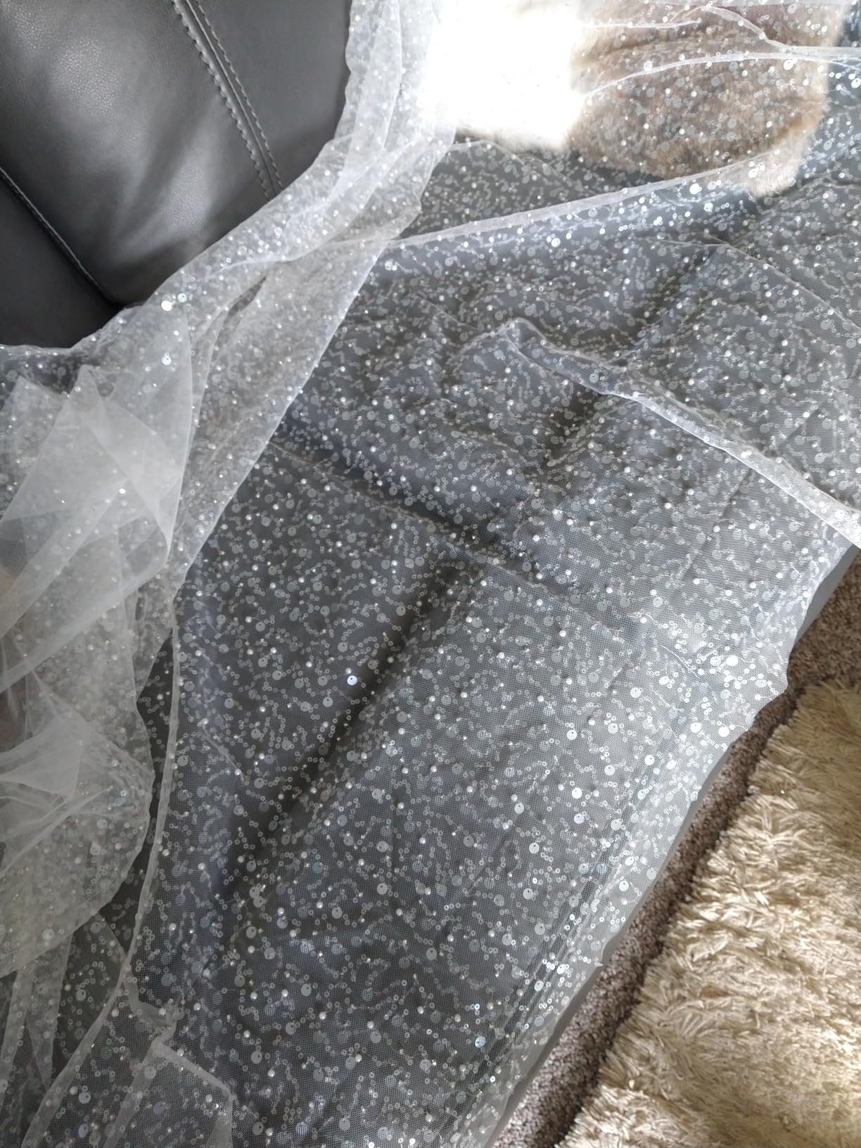 BENECREAT Tissu Paillettes Blanc Brodé Polyester 160x100 cm