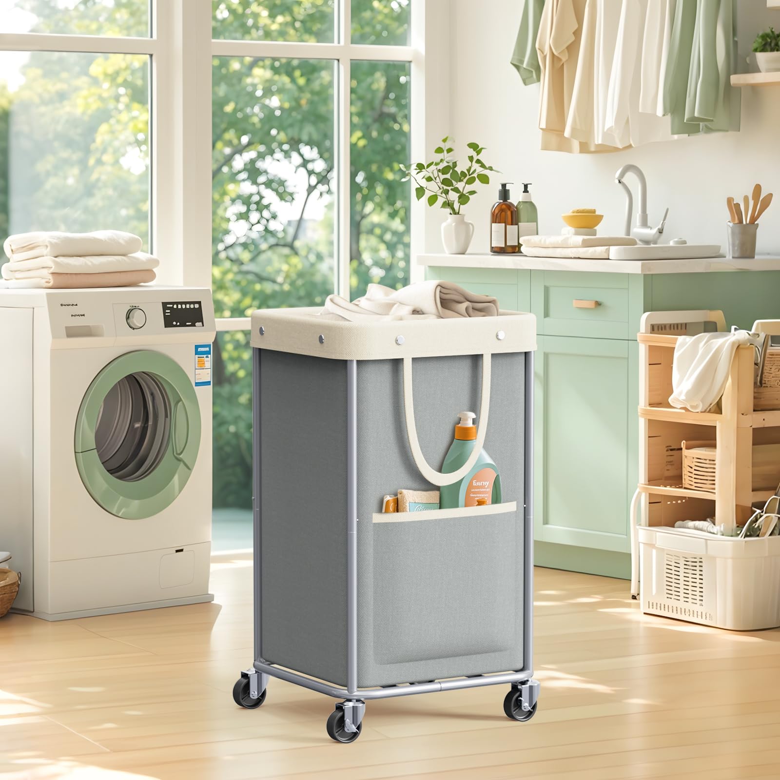 JYPS Panier À Linge Roulettes Gris 150L 50x40x80cm