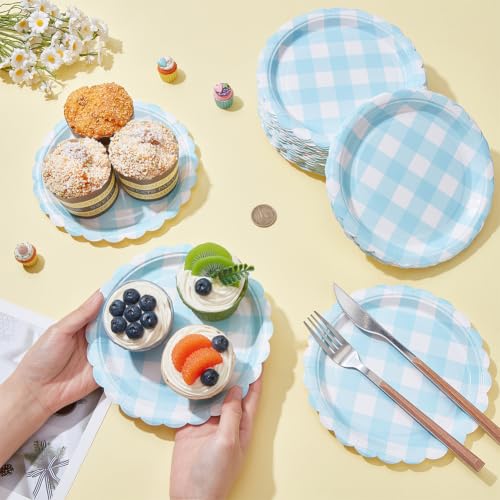 BENECREAT Assiettes Papier Festonnées Carreaux Bleu 100pcs 180mm