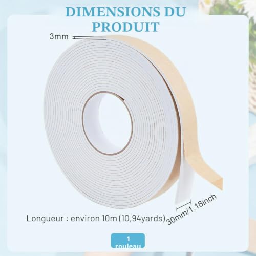 BENECREAT Bande mousse adhésive blanche 30mmx3mm 10m étanche