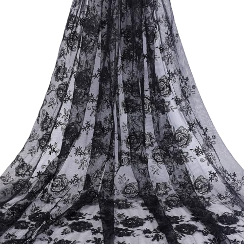 BENECREAT Tissu Dentelle Brodé Floral Noir 2m Polyester 130cm