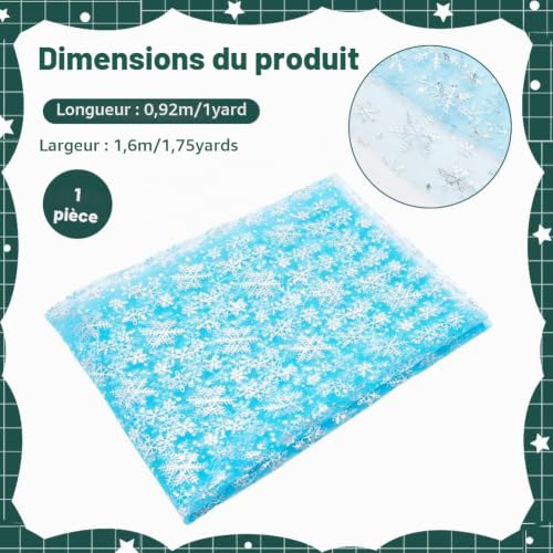 BENECREAT Tissu Tulle Bleu Flocon Argent 90x160cm Noël