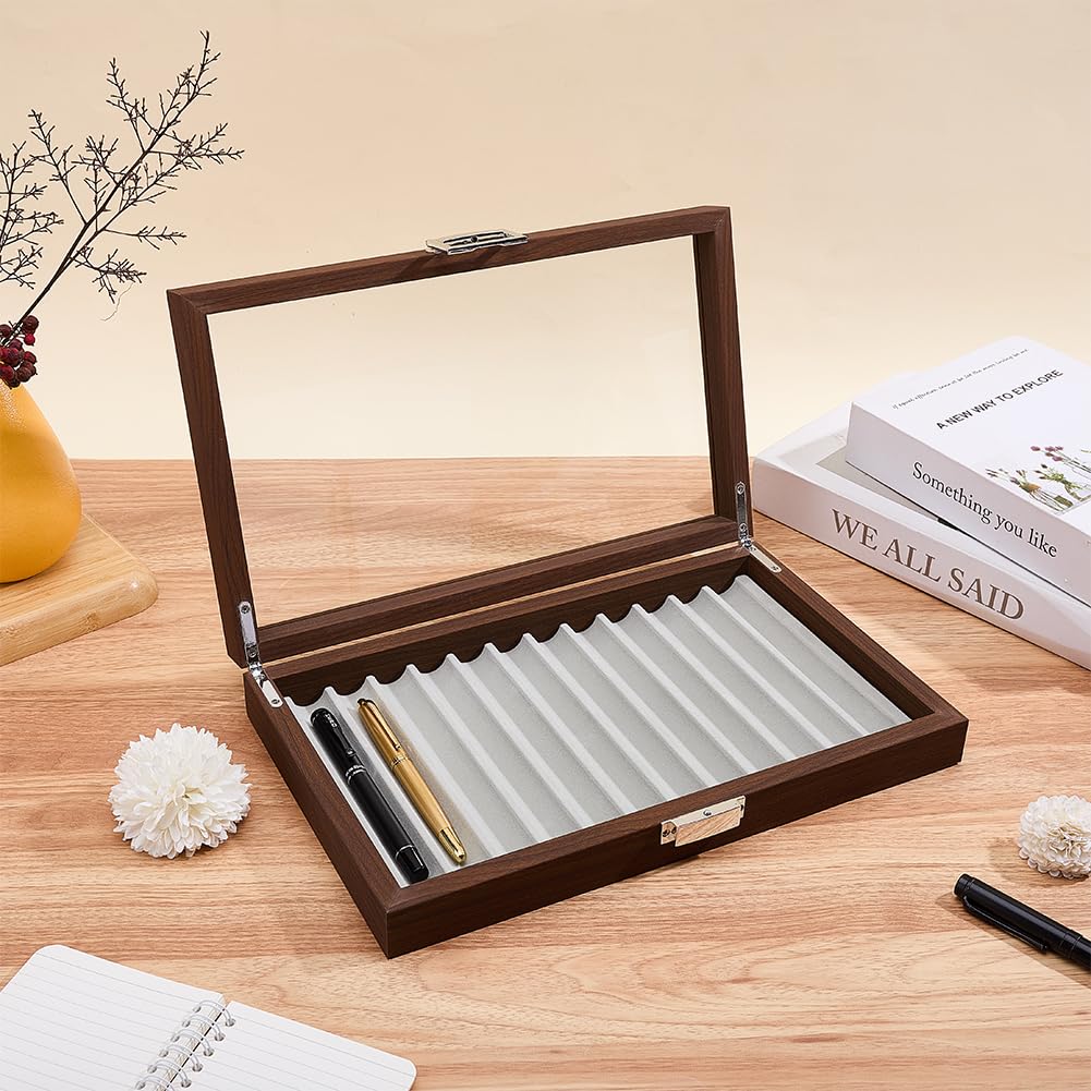 BENECREAT Boîte stylos bois noyer 12 places vitrée