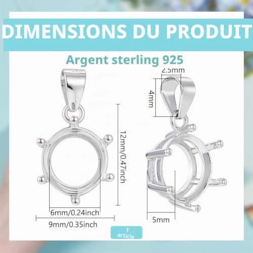 BENECREAT 925 pendentif rond 6 griffes argent 6mm
