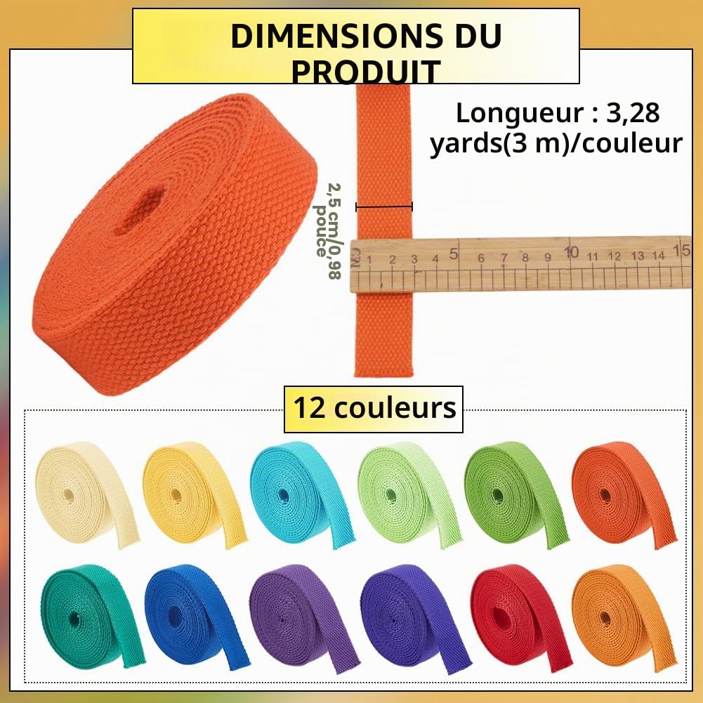 BENECREAT Sangle Polycoton 25 mm 36 m 12 Couleurs Vives