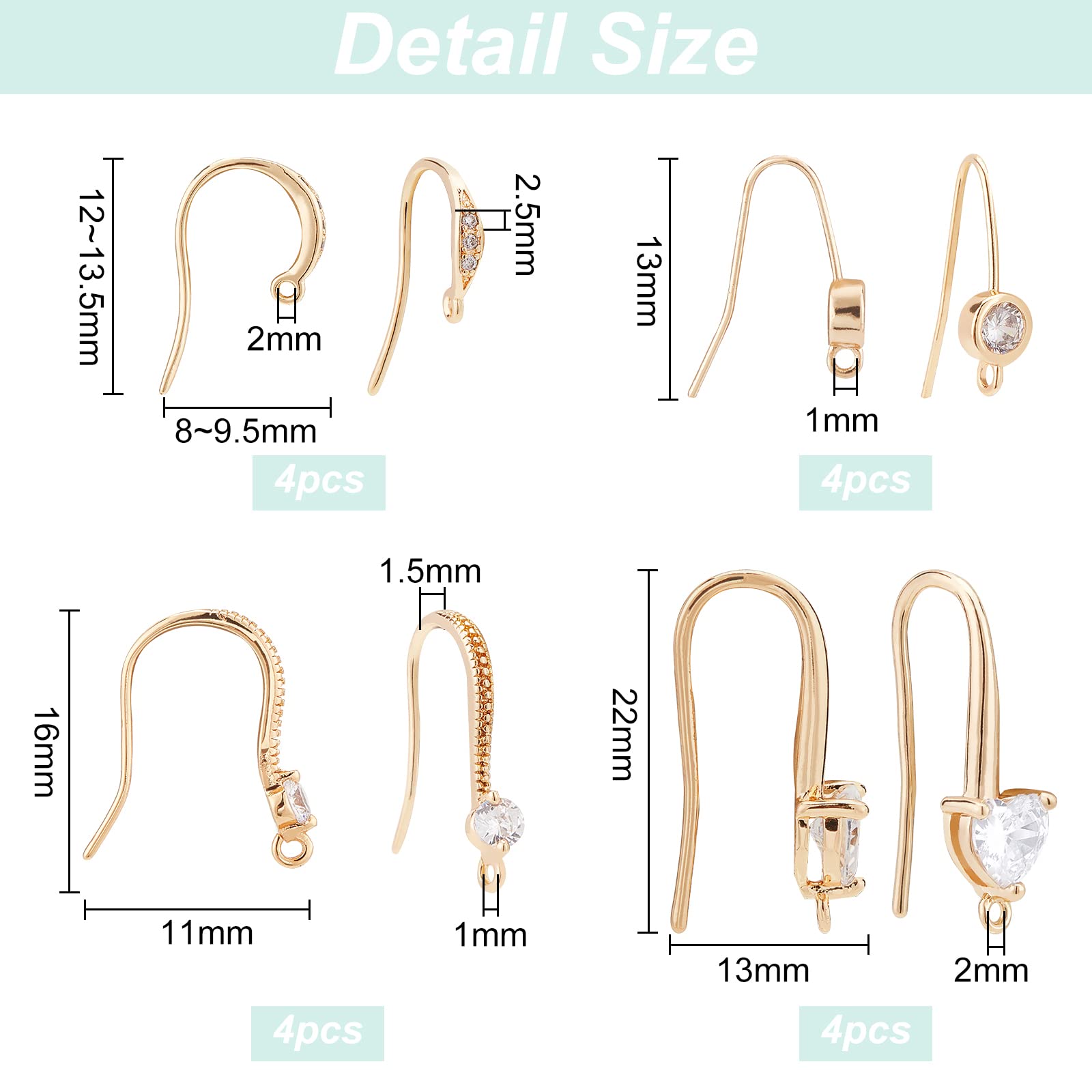 BENECREAT Crochets Boucles d'Oreilles Plaqué Or 18K 16 pcs